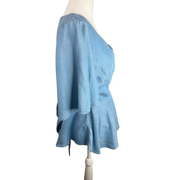 LOFT Chambray Blue Wrap Peplum Top Small Flutter Sleeves Adjustable Tie Waist - Picture 10 of 14